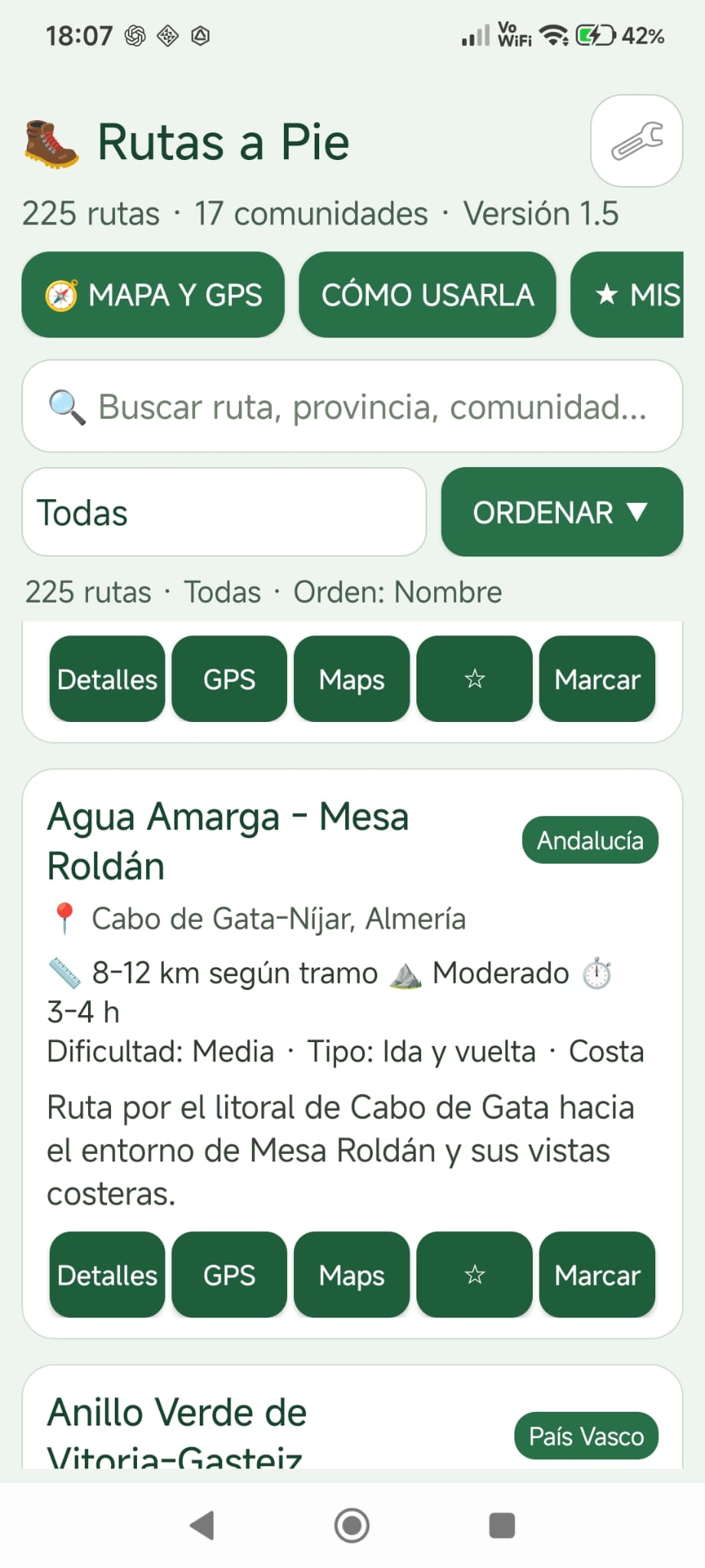 Pantalla real del catálogo de 225 rutas de Rutas a Pie